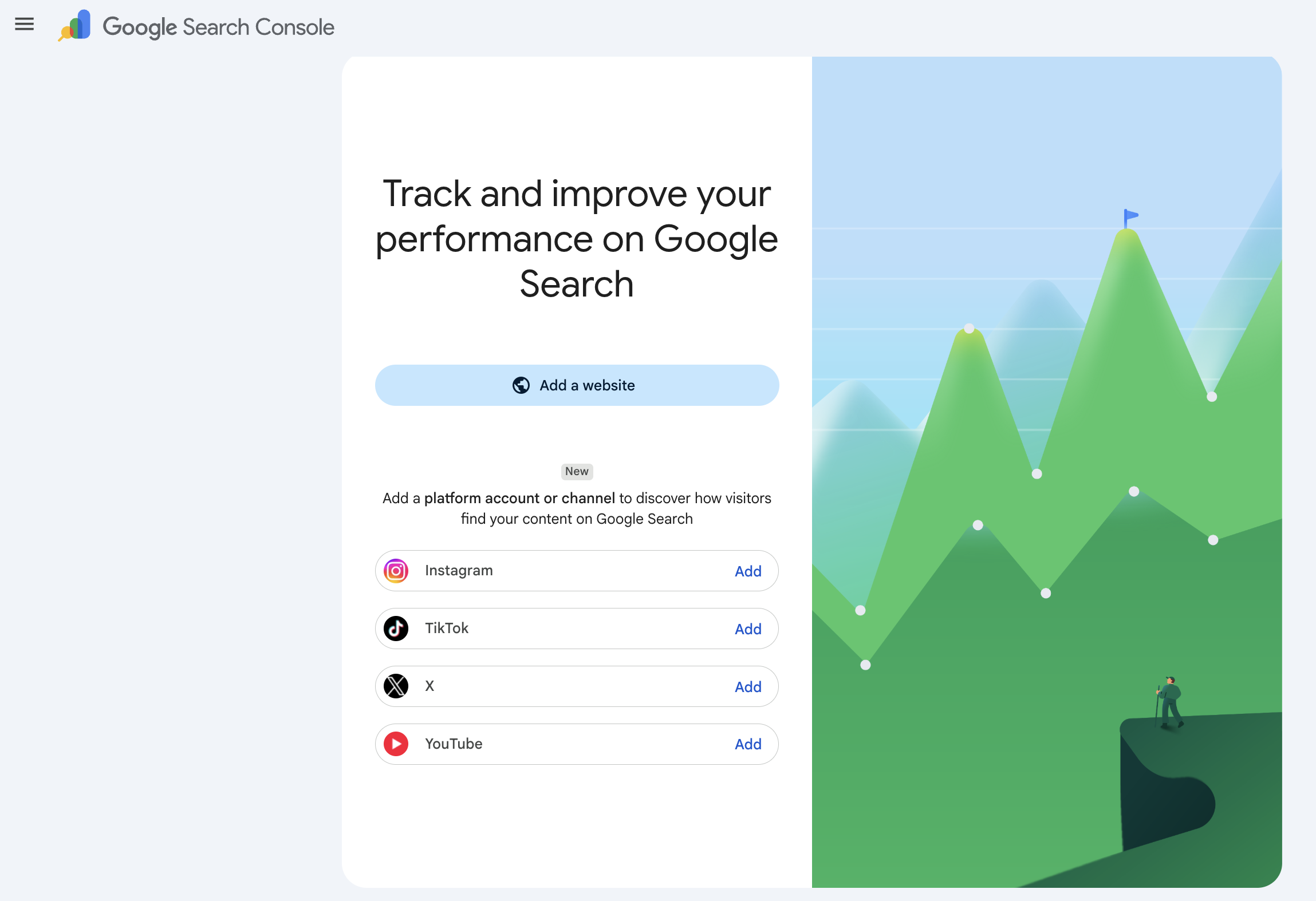 Google Search Console's new option to add a platform account or channel, with Instagram, TikTok, X and YouTube